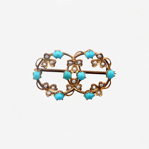 a yellow gold double cluster turquoise pearl brooch secondhand