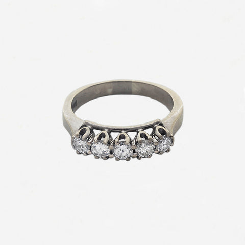 5 stone diamond ring in white gold facing front with white background