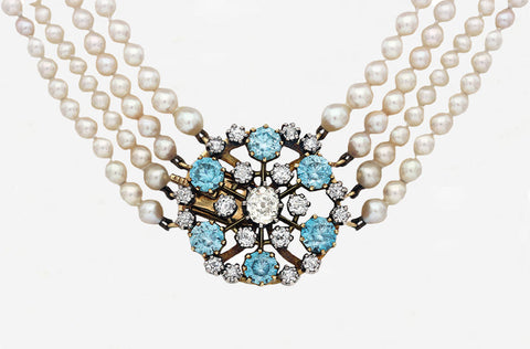 Cultured Pearl Four Row Choker with a Zircon & Diamond Clasp - Secondhand