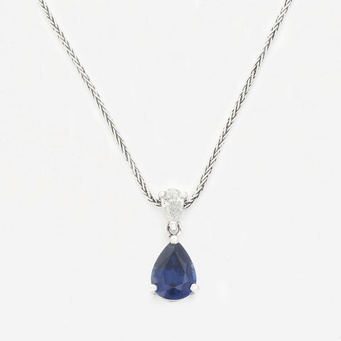 a sapphire diamond pear shaped drop pendant necklace white gold