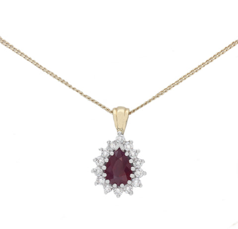 Ruby and Diamond Pear Shape Cluster Pendant & Chain in 18ct Gold