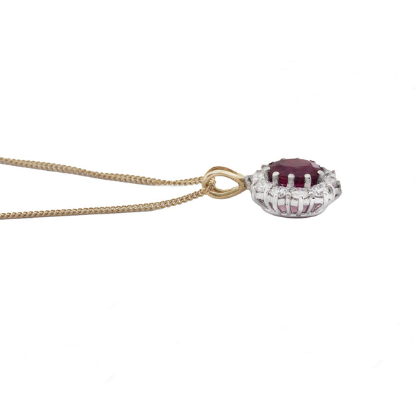 Ruby and Diamond Oval Cluster Pendant & Chain in 18ct Gold