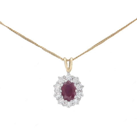 Ruby and Diamond Oval Cluster Pendant & Chain in 18ct Gold