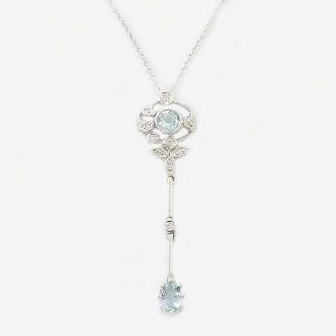 aquamarine and diamond edwardian style white gold drop pendant necklace