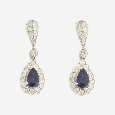 sapphire and diamond pair of drop pear shaped cluster earrings