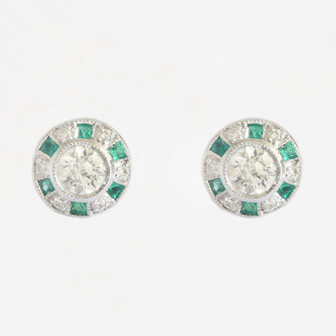 a pair of emerald and diamond round cluster studs