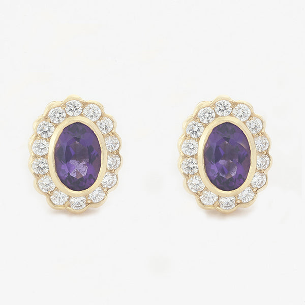 amethyst diamond oval cluster stud earrings in yellow gold