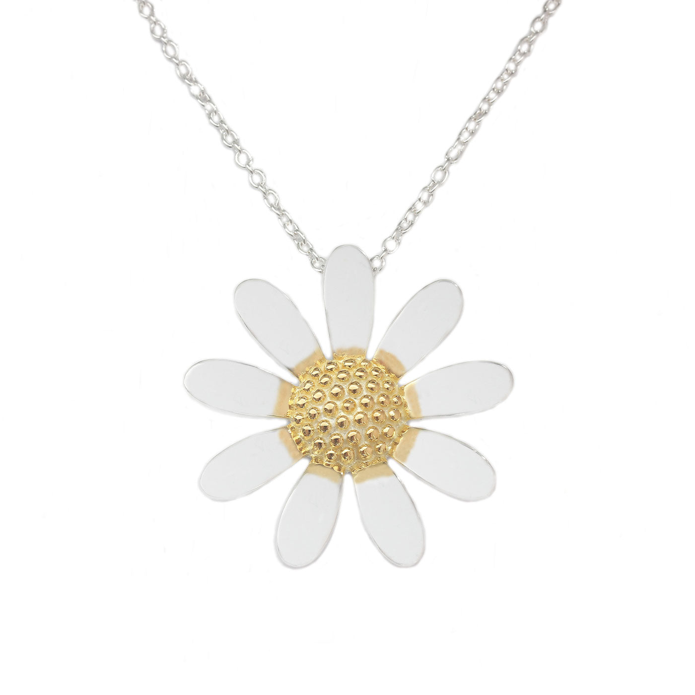 a large daisy pendant on a chain in silver and gold plate