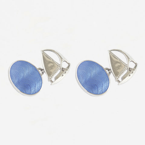 blue enamel and sailing boat design cufflinks in sterling silver with chain connectors