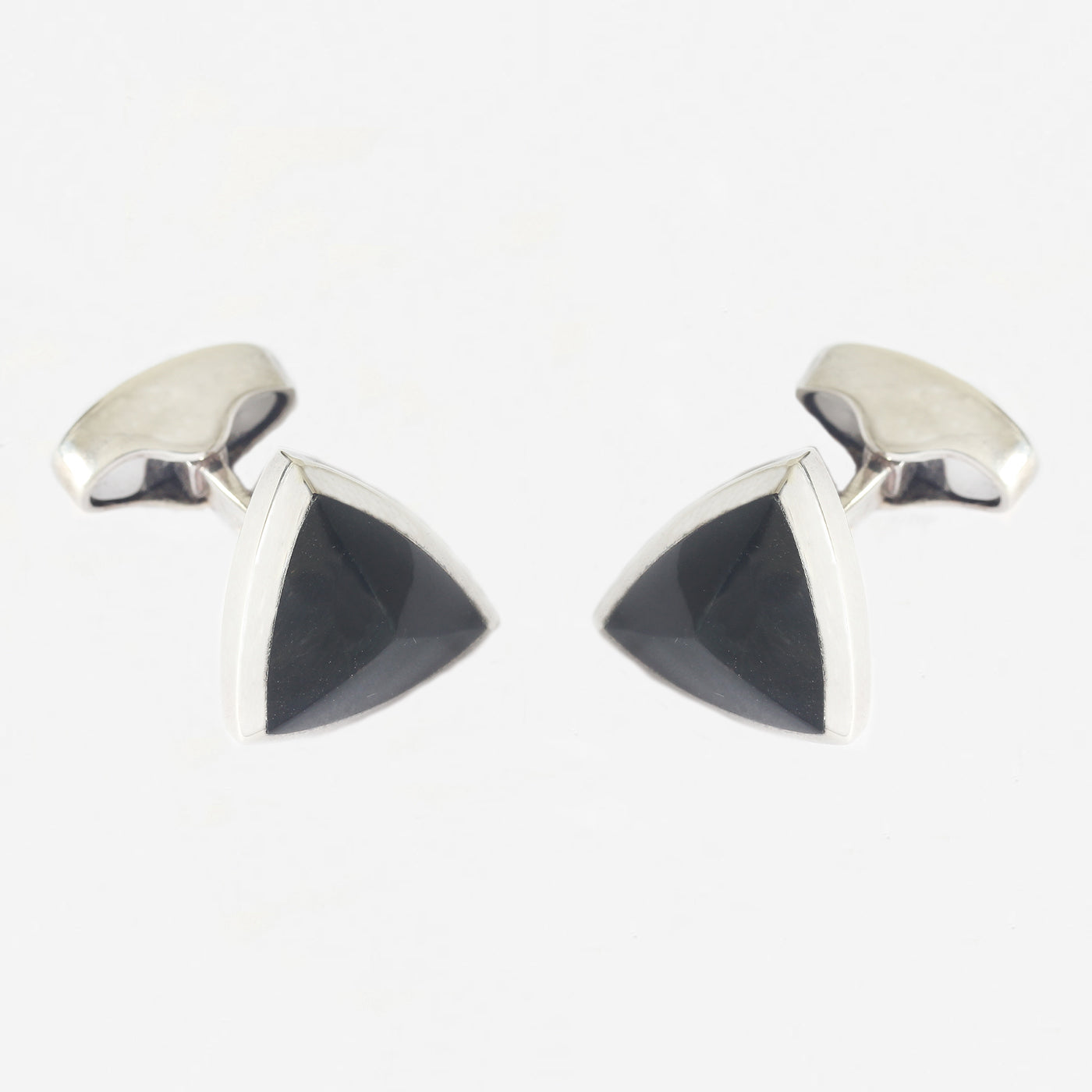 a pair of sterling silver triangular shaped cufflinks with onyx set