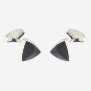 a pair of sterling silver triangular shaped cufflinks with onyx set