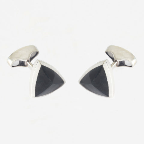 a pair of sterling silver triangular shaped cufflinks with onyx set