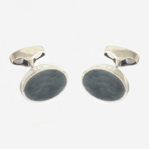 a sterling silver pair of oval hematite cufflinks with bar connectors
