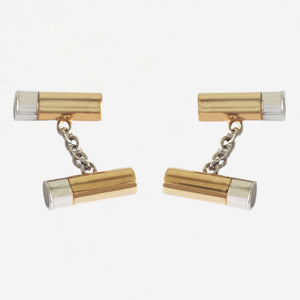 a pair of shotgun cartridge cufflinks in gold plated and silver