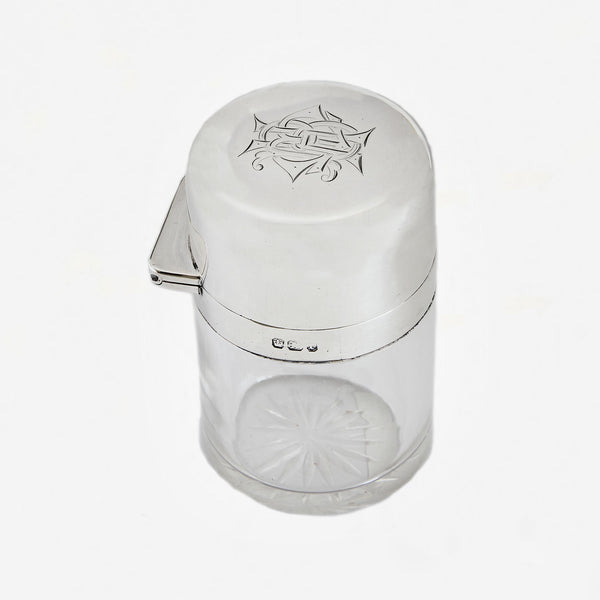 Edwardian glass and silver small perfume bottle with engraved initials 1909