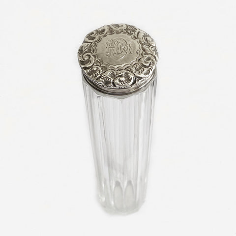 a silver and glass victorian hatpin bottle with hmm initials dated 1895