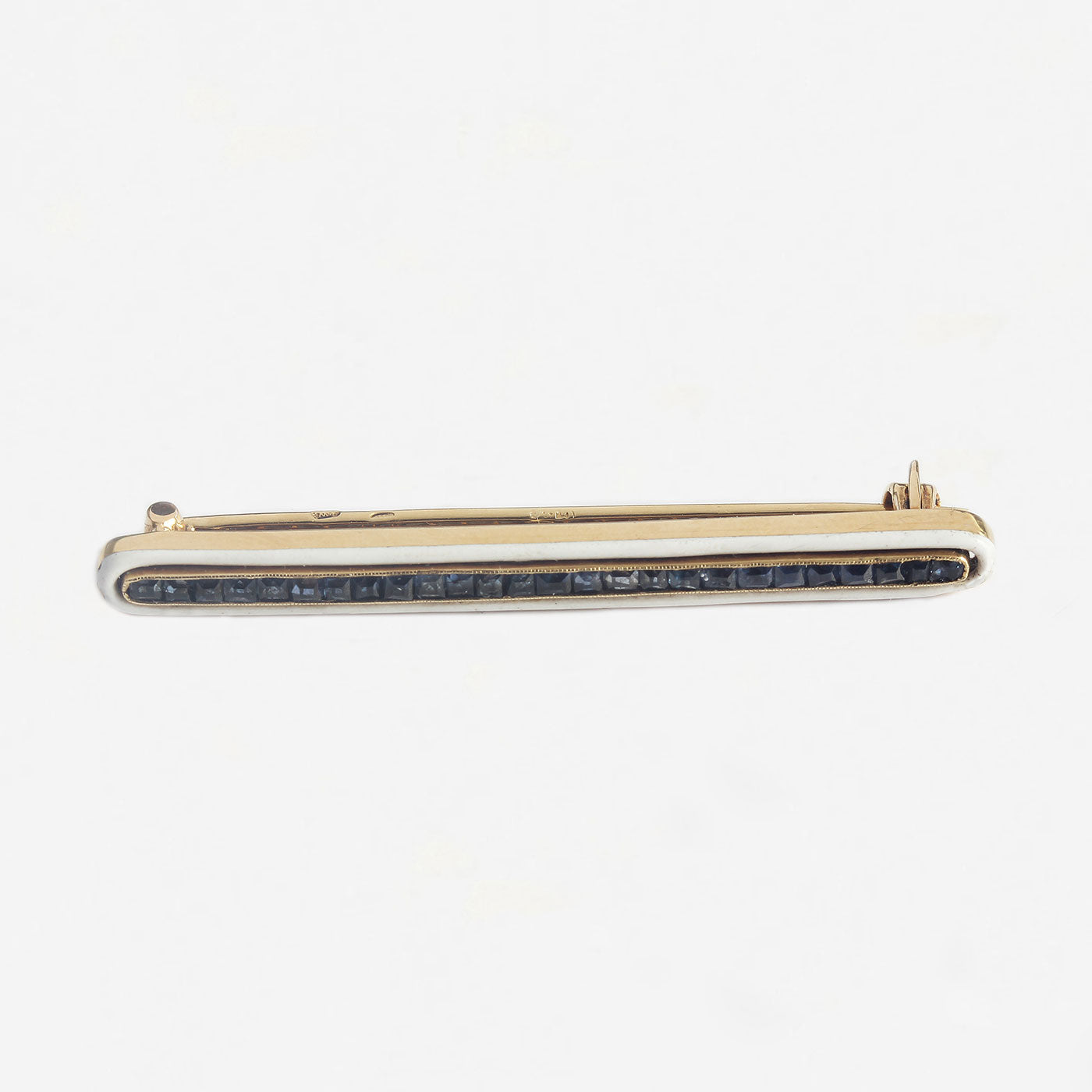 a preowned sapphire and white enamel bar brooch yellow gold 