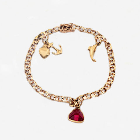 18ct Gold Double Curb Link Bracelet With Charms - Secondhand