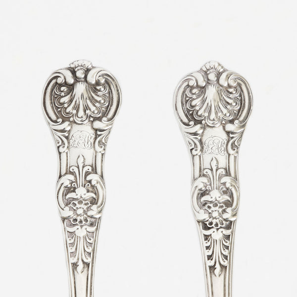 an antique scroll design fork and spoon set in silver dated 1836