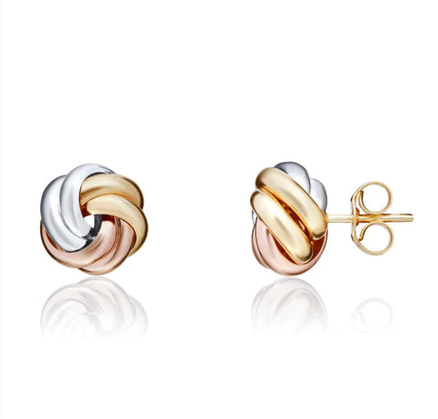 9ct Three Colour Gold Knot Design Stud Earrings