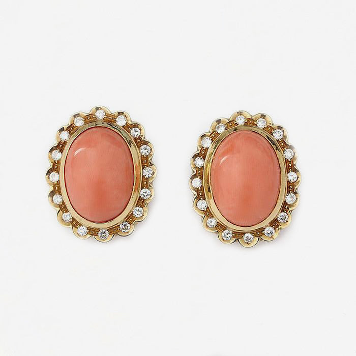 oval coral and diamond large cluster clip on earrings in 18ct yellow gold