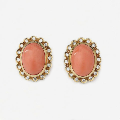 oval coral and diamond large cluster clip on earrings in 18ct yellow gold