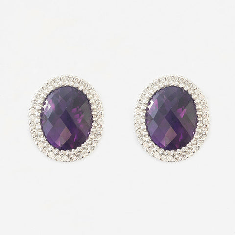 amethyst and diamond oval cluster stud earrings in white gold claw setting