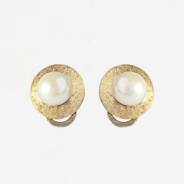secondhand pearl set 18 carat yellow gold stud earrings with clip fittings