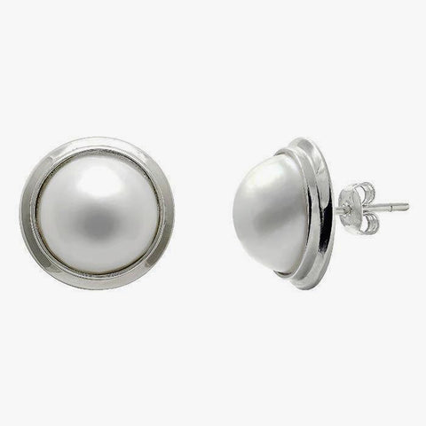 a mabe pearl set of stud earrings in sterling silver with post and butterfly fittings and the pearl is 13mm wide