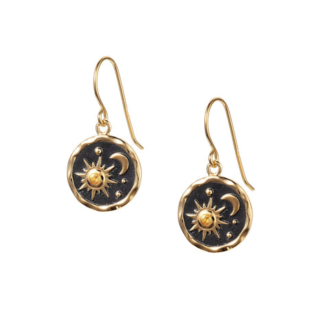 Heaven-Sent Sun & Moon Hook Earrings in Matte Gold Plated Silver by Christin Ranger