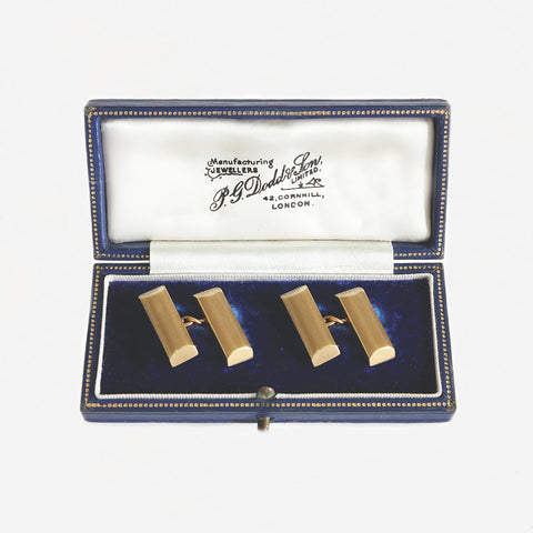 a set of engine turned bar cufflinks in yellow gold with vintage box dated 1963