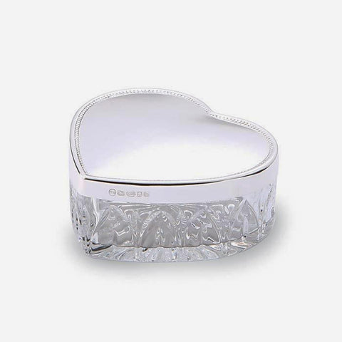 a silver topped heart shaped box with a crystal base with a full hallmark modern item
