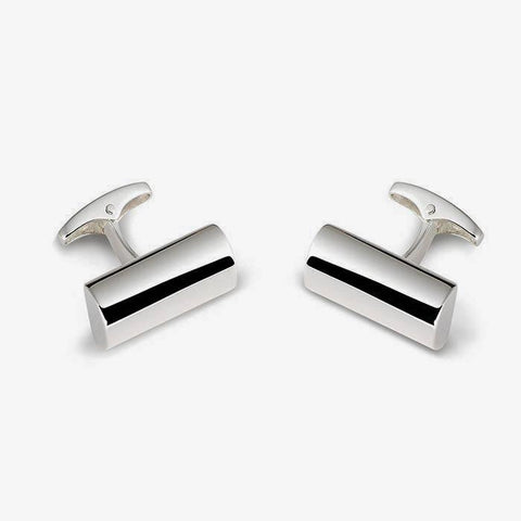 a silver modern set of mens cufflinks with a half pipe shape and plain design