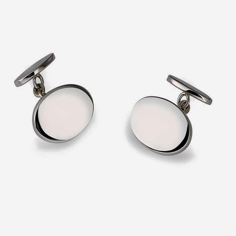 sterling silver set of mens cufflinks with oval plain design and chain fittings by francis howard in sheffield