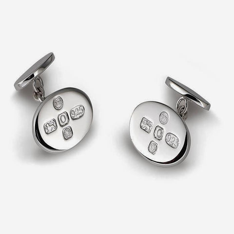 a sterling silver set of mens cufflinks with oval shape and hallmark on the front with chain fittings by francis howard
