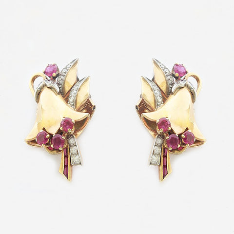 ruby and diamond floral bell gold earrings
