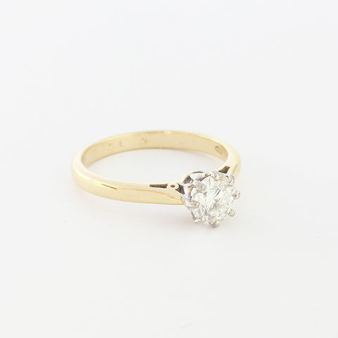 a modern brilliant cut diamond solitaire ring with claws and gold band