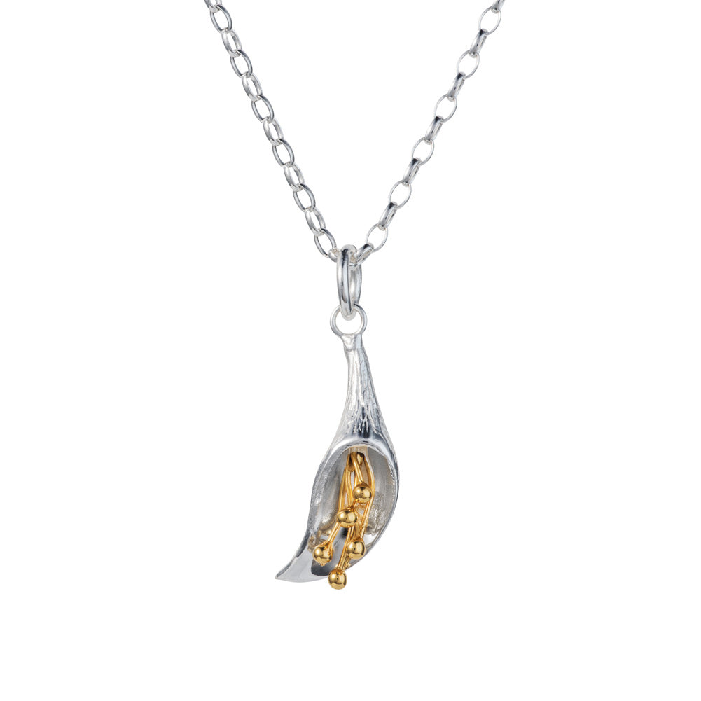 calla lily silver and gold plated flower pendant necklace by christin ranger