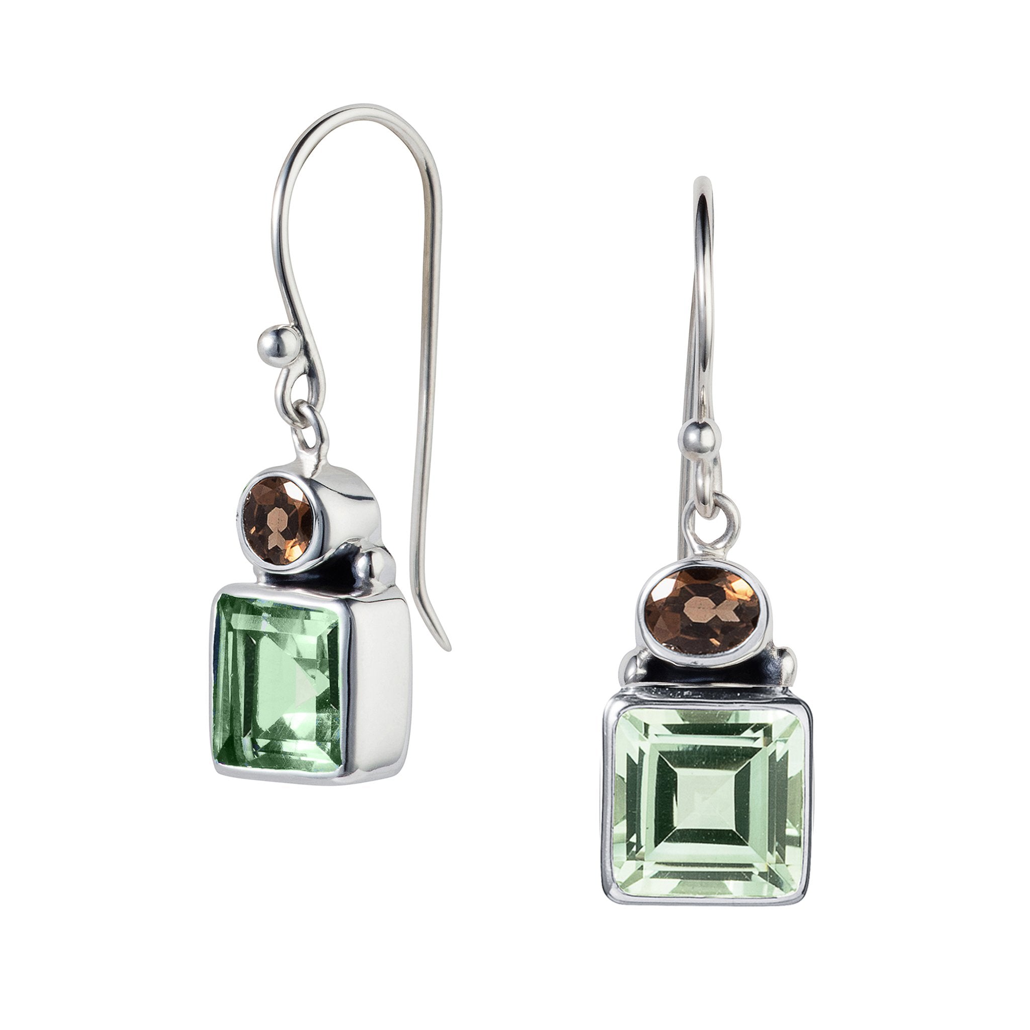Silver With Green Amethyst and Smoky Quartz Dusk Earrings by Christin Ranger