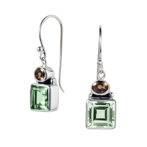 Silver With Green Amethyst and Smoky Quartz Dusk Earrings by Christin Ranger