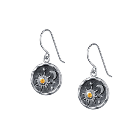 Heaven-Sent Sun & Moon Hook Earrings in Matte Silver by Christin Ranger