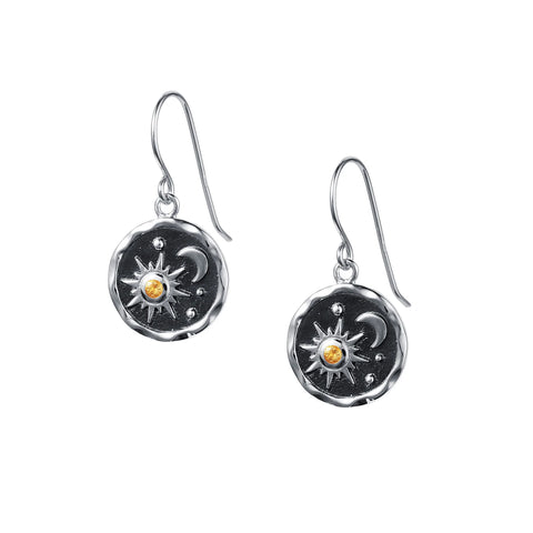 Silver & Citrine Sun and Moon Drop Earrings by Christin Ranger