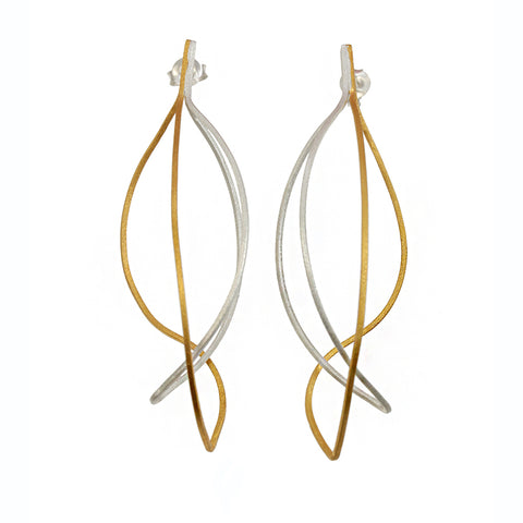 silver and gold plated kinetic drop earrings by christin ranger