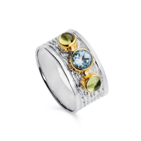silver milan wide ring with blue topaz and peridot by christin ranger