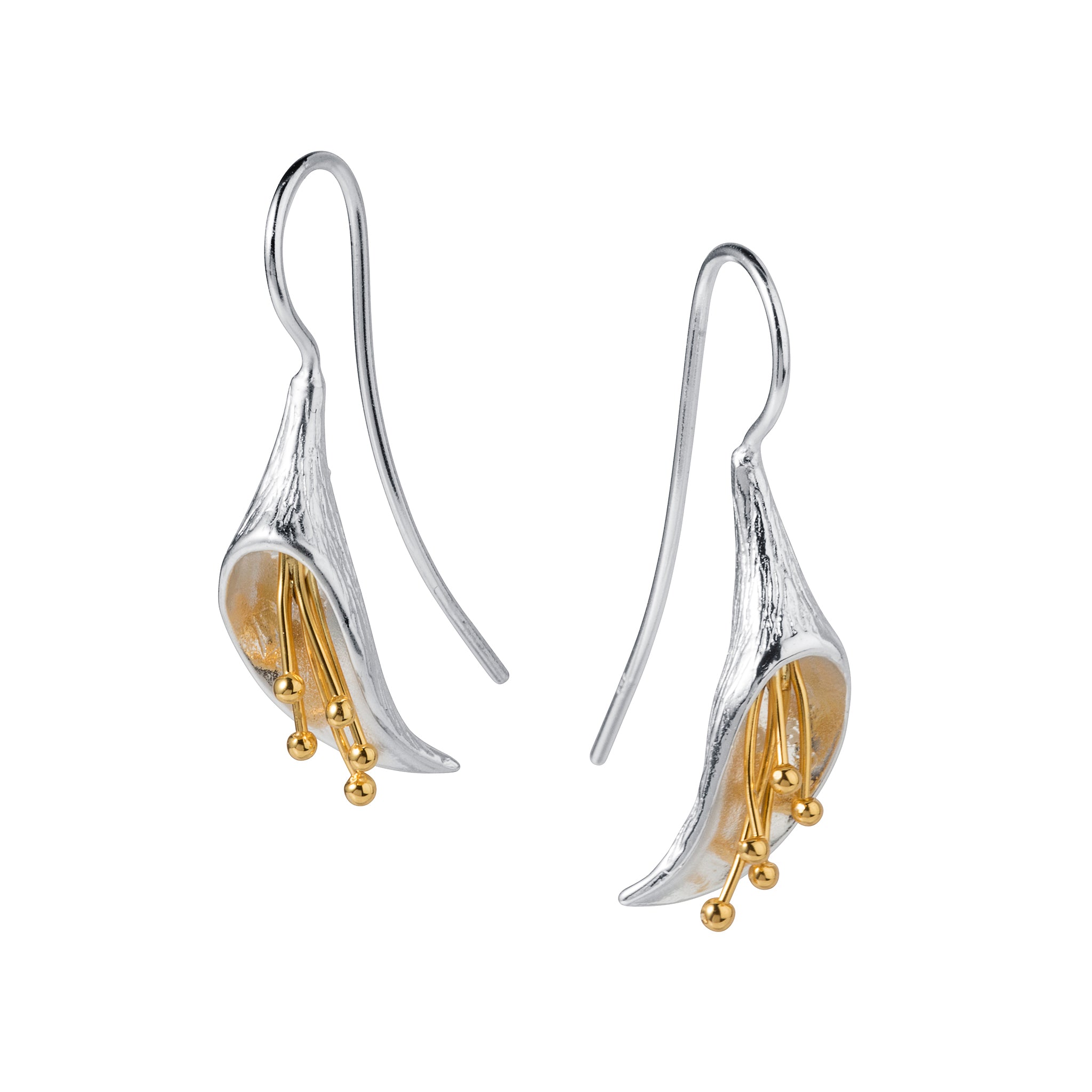 a silver and gold plated calla lily pair of drop earrings by christin ranger