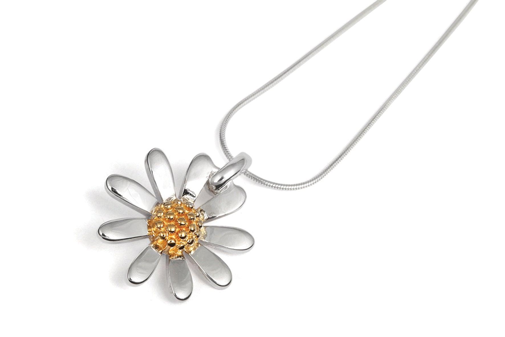 a silver daisy pendant with snake chain