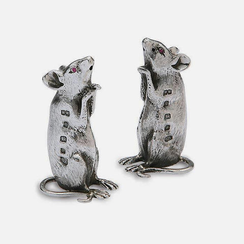 a beautiful fine quality set of mice as salt and pepper mills all made in silver with full british hallmark