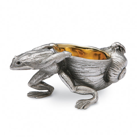 a sterling silver frog and snail open salt with gilt interior