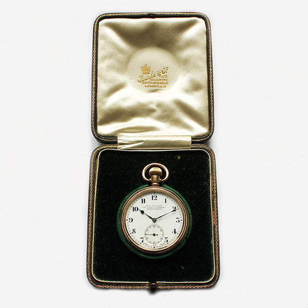 a preowned gold plate pocket watch open faced by kendal and dent with 19 jewels and original box  
