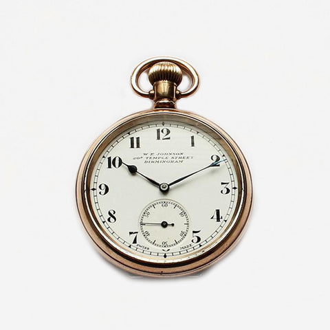 a preowned gold plate pocket watch open faced by kendal and dent with 19 jewels and original box  Edit alt text